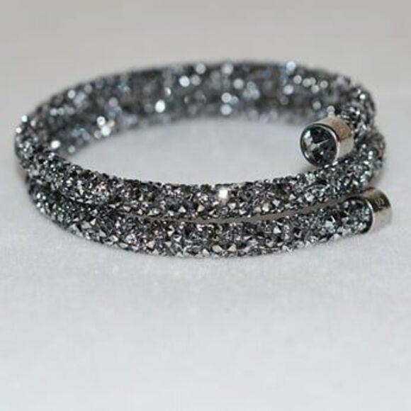 Swarovski Stamped Silver/Black Crystal Dust Wrap Bangle Bracelet - Picture 1 of 7